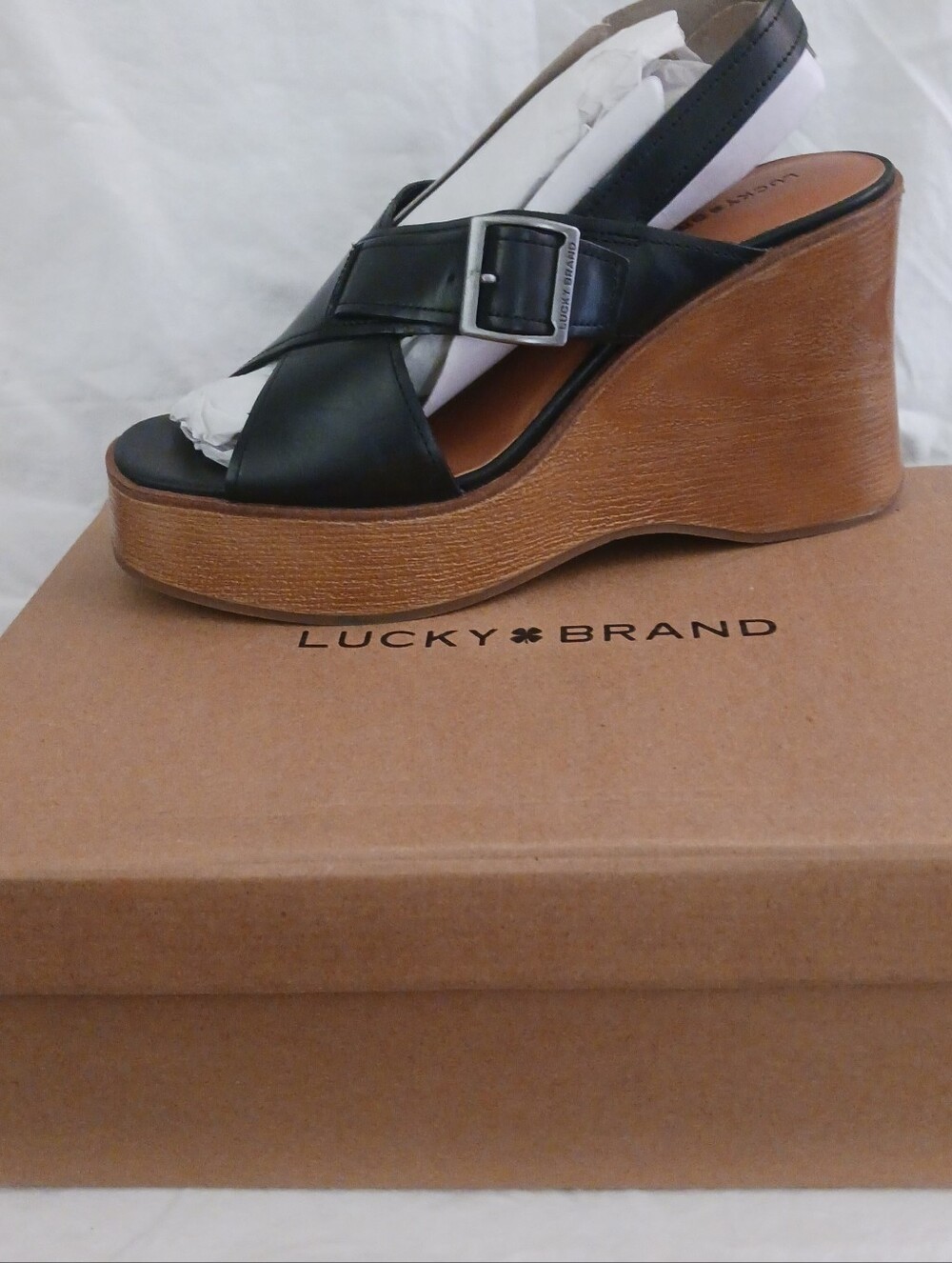 Lucky Brand Black Leather Cross-Band Platform Wedge Sandals with Wood Platform